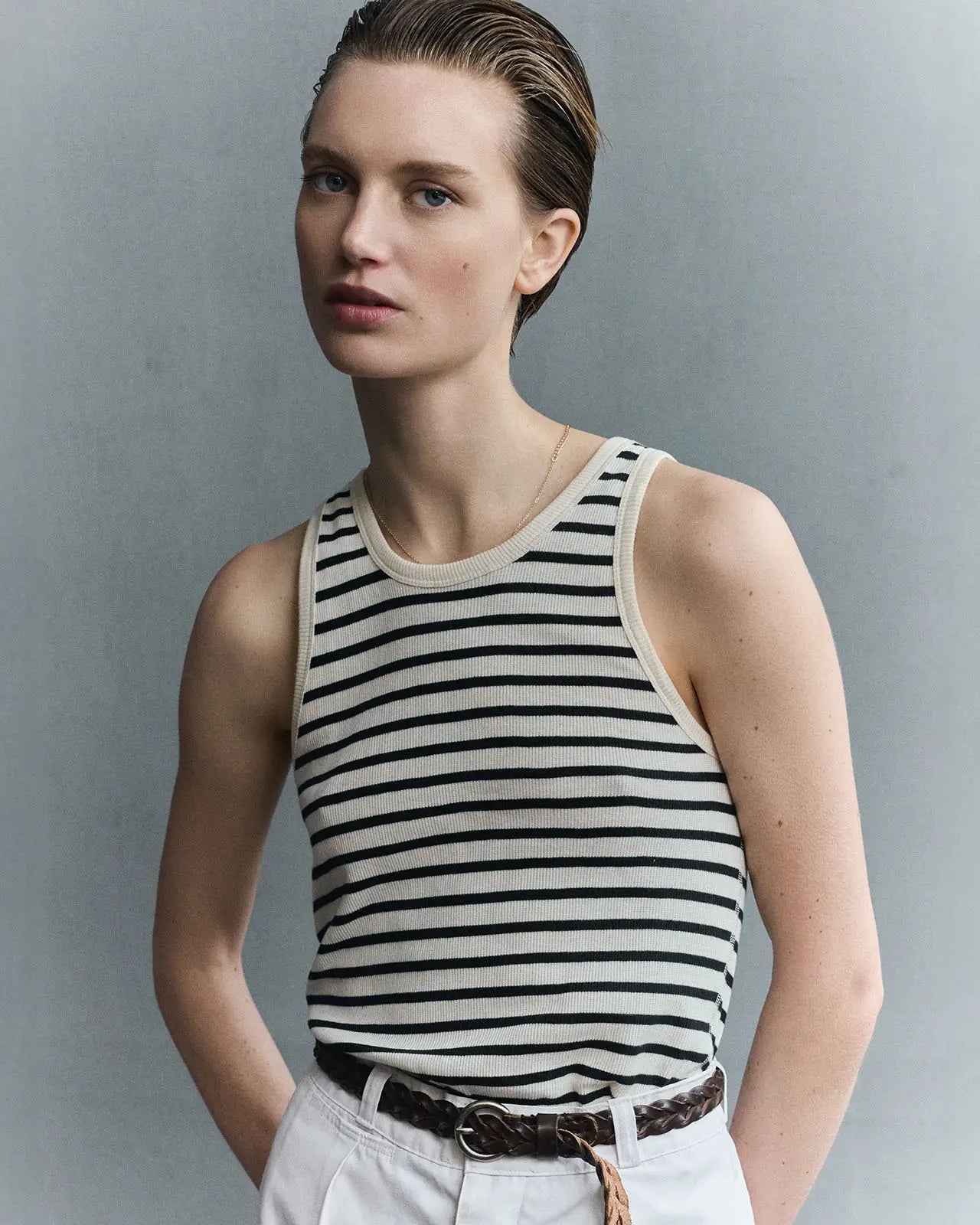 Front view of women's breton stripe ribbed tank top in GOTS certified organic cotton